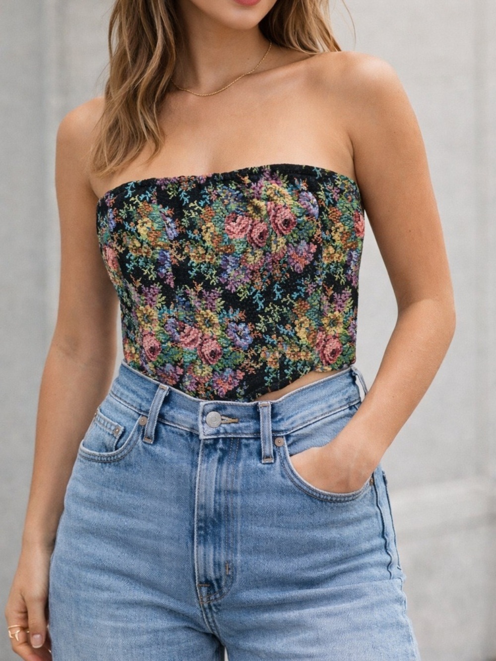 Cider Small Floral Tapestry Corset Strapless Bustier Y2K Fairycore Lace Up Crop